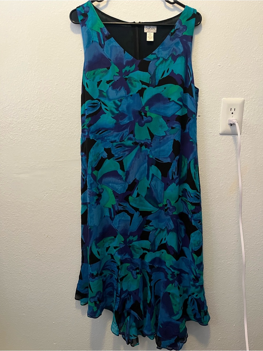 Chico's Blue & Teal Floral 100% Silk V-Neck Midi Dress Size 2